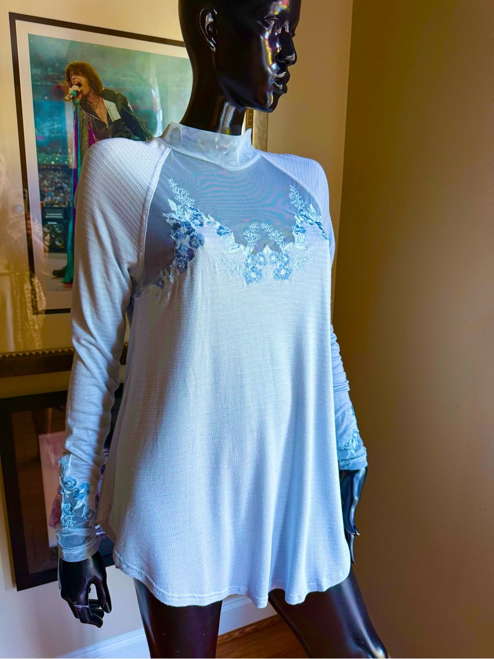 Free People Sheer Mesh Embroidered Long Sleeve Tunic Top S
